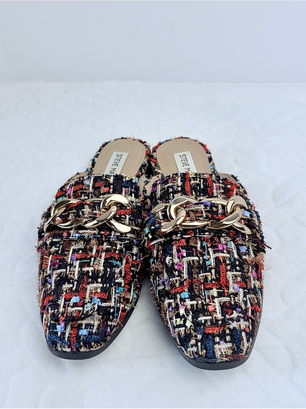 Steve Madden Cassidy Tweed Mule Loafers  Size 6.5 with Gold Chain Buckle